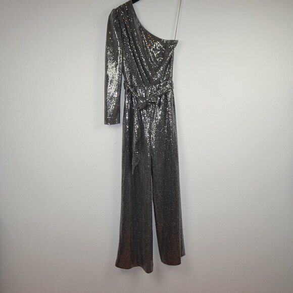 Alex Marie Silver Jumpsuit Women's Petite Size 4P Belted One Shoulder NEW - Picture 3 of 12